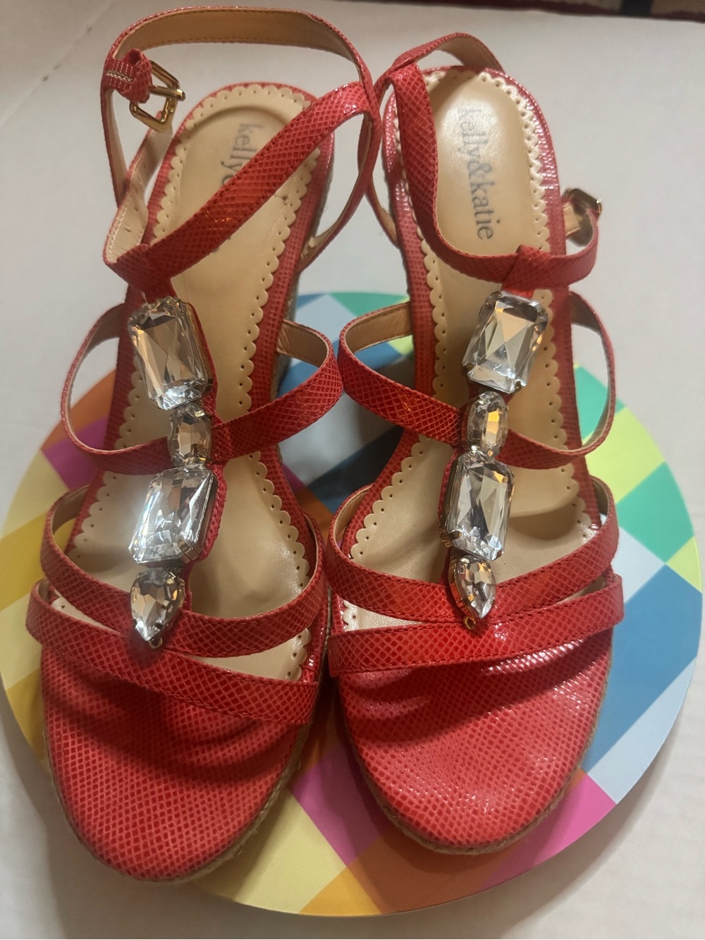 Kelly & Katie Coral Red Jeweled Strappy Heels